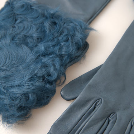 Dolce & Gabbana Blue Leather Fur Mid Arm Length Gloves