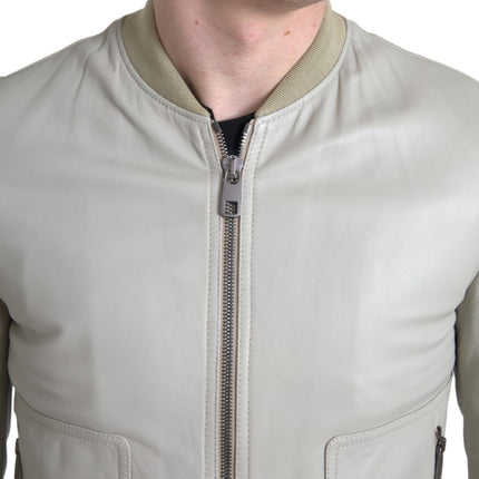 Dolce & Gabbana Cream Leather Bomber Blouson Full Zip Jacket