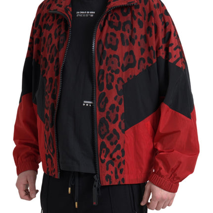 Dolce & Gabbana Red Leopard Nylon Full Zip Sweater