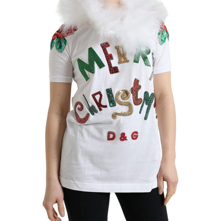 Dolce & Gabbana White Cotton Christmas Sequin Fur T-shirt