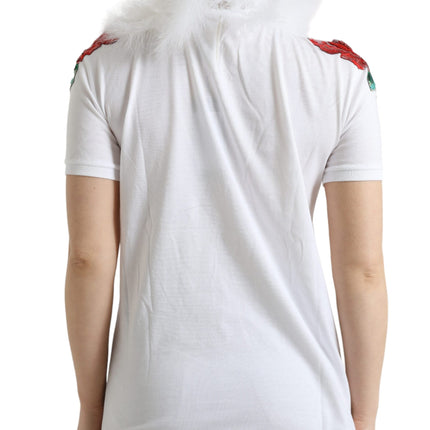 Dolce & Gabbana White Cotton Christmas Sequin Fur T-shirt