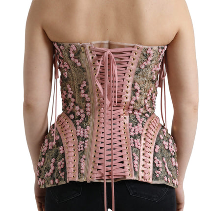 Dolce & Gabbana Pink Floral Applique Bustier Corset Top