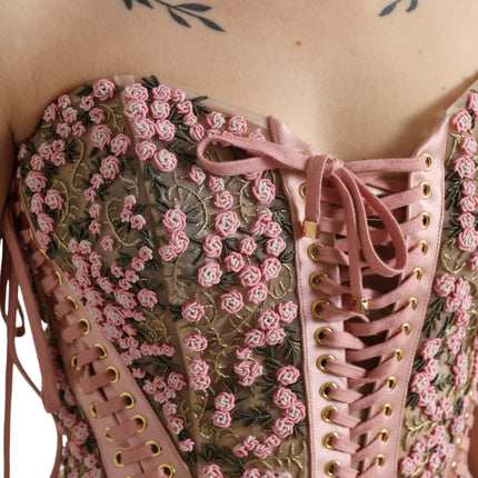 Dolce & Gabbana Pink Floral Applique Bustier Corset Top