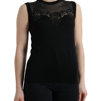 Dolce & Gabbana Black Cashmere Lace Trim Sleeveless Tank Top