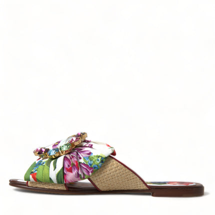 Dolce & Gabbana Multicolor Floral Flats Crystal Sandals Shoes