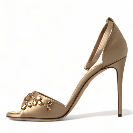 Dolce & Gabbana Gold Satin Ankle Strap Crystal Sandals Shoes
