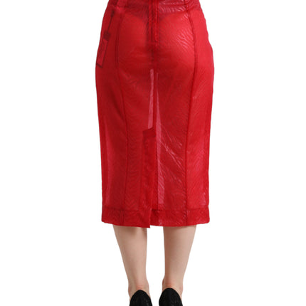 Dolce & Gabbana Red Sheer High Waist Pencil Cut Midi Skirt