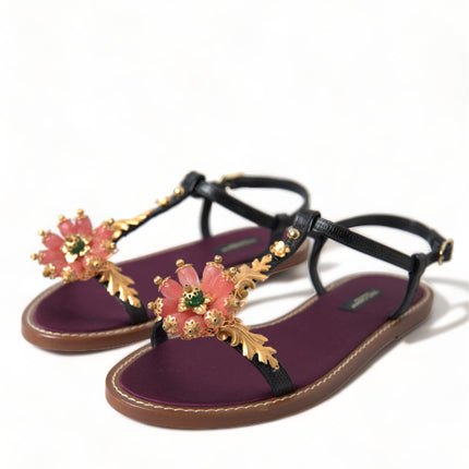 Dolce & Gabbana Black Crystal Gold Sandals Leather Shoes