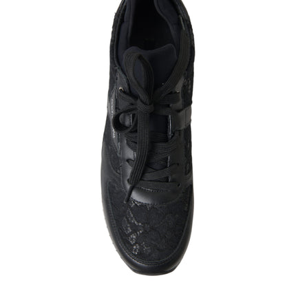 Dolce & Gabbana Black Floral Lace Leather Sneakers Shoes