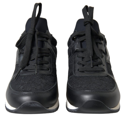Dolce & Gabbana Black Floral Lace Leather Sneakers Shoes