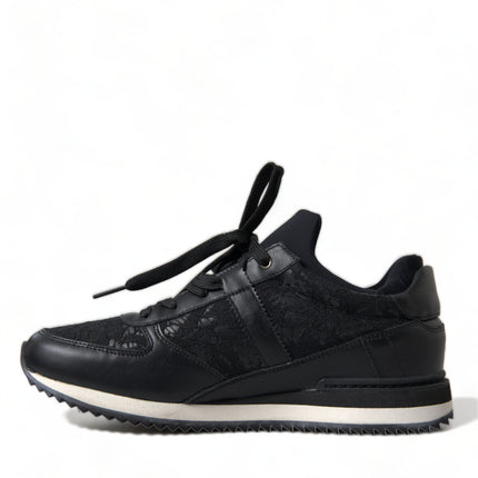 Dolce & Gabbana Black Floral Lace Leather Sneakers Shoes