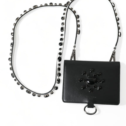 Dolce & Gabbana Black Leather Crystal Embellished Card Holder Wallet