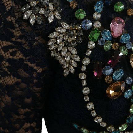 Dolce & Gabbana Blue Crystal Floral Lace Long Gown Dress