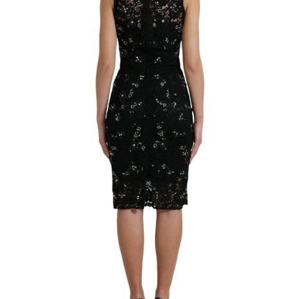 Dolce & Gabbana Black Floral Lace Crystal Sheath Dress