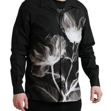 Dolce & Gabbana Black Floral Cotton Collared Long Sleeves Men Shirt