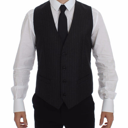 Dolce & Gabbana Gray Striped Wool Logo Vest Gilet Vests