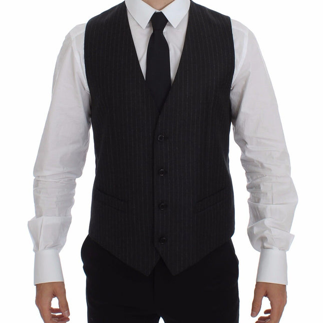 Dolce & Gabbana Gray Striped Wool Logo Vest Gilet Vests