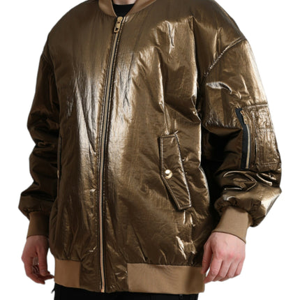 Dolce & Gabbana Bronze Nylon Full Zip Men Bomber Jacket