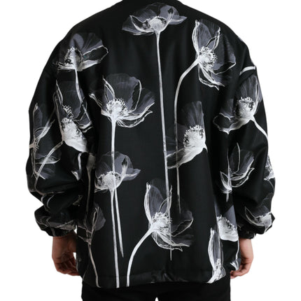 Dolce & Gabbana Black Floral Print Wool Button Down Bomber Jacket