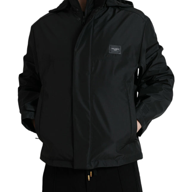 Dolce & Gabbana Black Polyester Logo Plaque Hooded Jacket