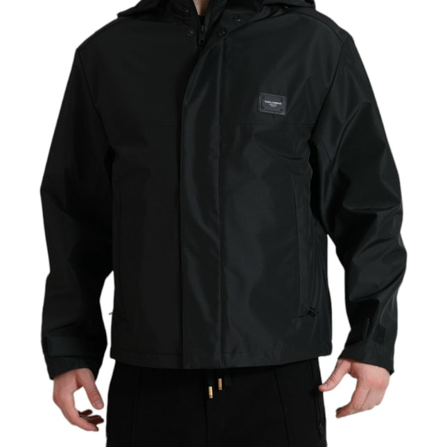 Dolce & Gabbana Black Polyester Logo Plaque Hooded Jacket