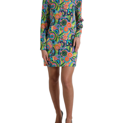 Dolce & Gabbana Multicolor Geometric Print Silk Crystals Midi Dress