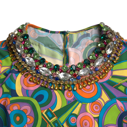 Dolce & Gabbana Multicolor Geometric Print Silk Crystals Midi Dress