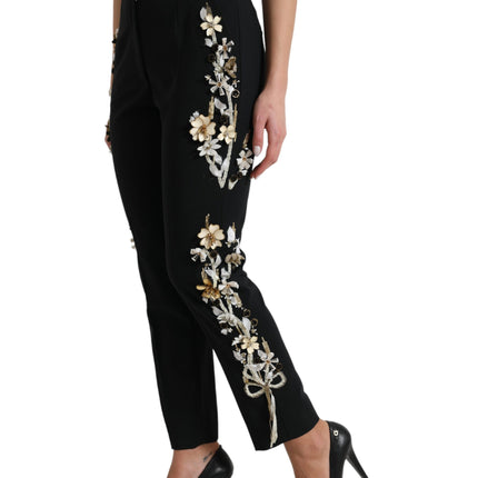 Dolce & Gabbana Black Floral Applique High Waist Tapered Pants