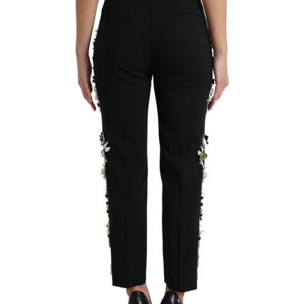 Dolce & Gabbana Black Floral Applique High Waist Tapered Pants