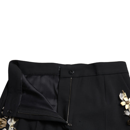 Dolce & Gabbana Black Floral Applique High Waist Tapered Pants