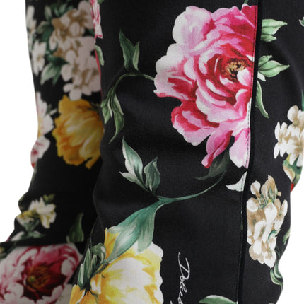 Dolce & Gabbana Black Floral Print Mid Waist Cropped Pants