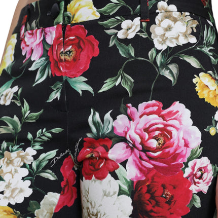 Dolce & Gabbana Black Floral Print Mid Waist Cropped Pants