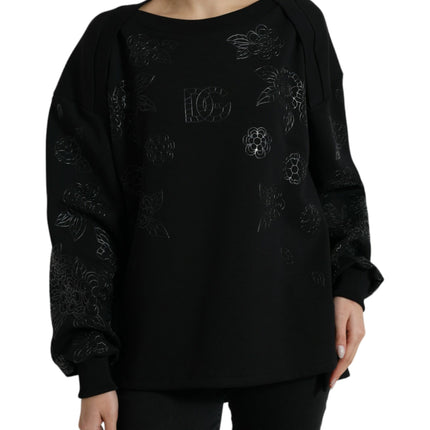 Dolce & Gabbana Black Pullover Floral Logo Applique Sweater