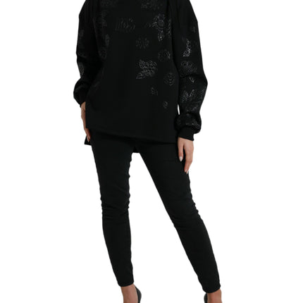 Dolce & Gabbana Black Pullover Floral Logo Applique Sweater