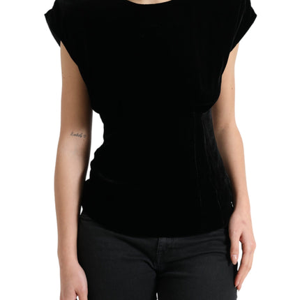 Dolce & Gabbana Black Velvet Fitted Padded Shoulder Blouse Top