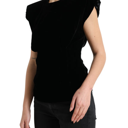 Dolce & Gabbana Black Velvet Fitted Padded Shoulder Blouse Top