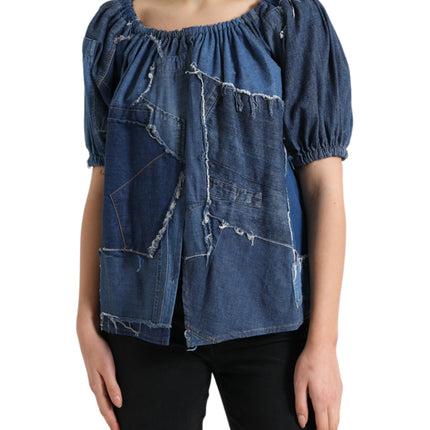 Dolce & Gabbana Blue Patchwork Short Sleeves Denim Blouse Top