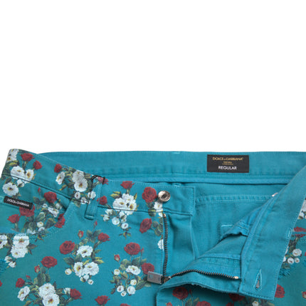 Dolce & Gabbana Blue Floral Print Skinny Cotton Denim Pants