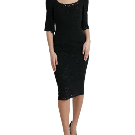 Dolce & Gabbana Black Floral Lace Viscose Bodycon Midi Dress