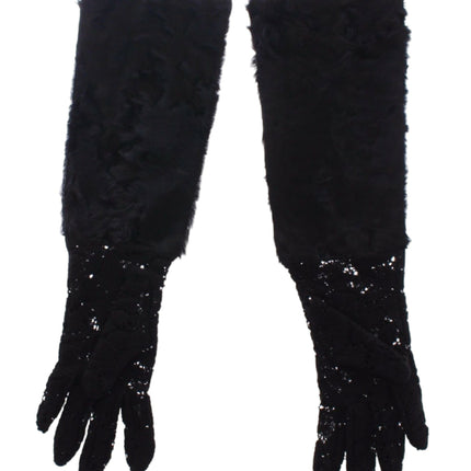 Dolce & Gabbana Black Lace Wool Lambskin Fur Elbow Gloves