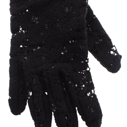 Dolce & Gabbana Black Lace Wool Lambskin Fur Elbow Gloves