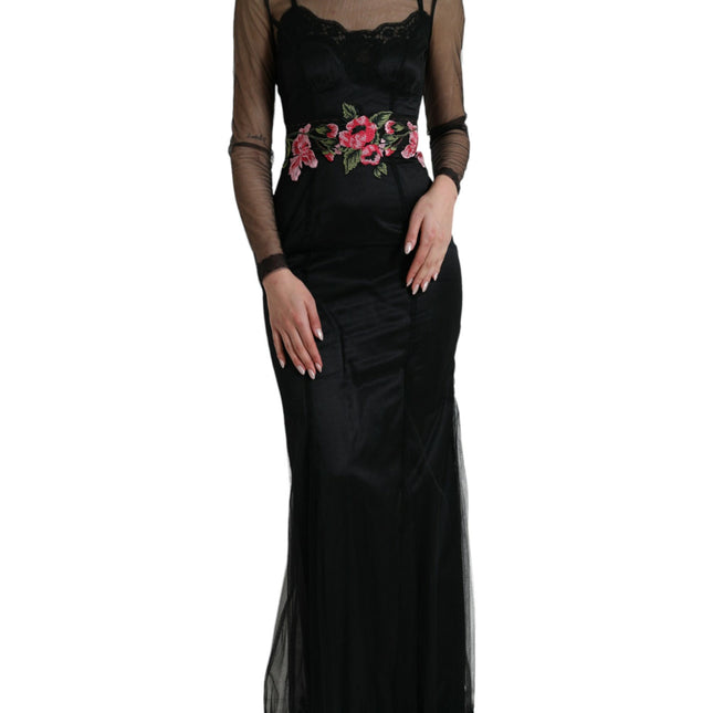 Dolce & Gabbana Black Floral Embroidery Mesh Tulle Gown Dress