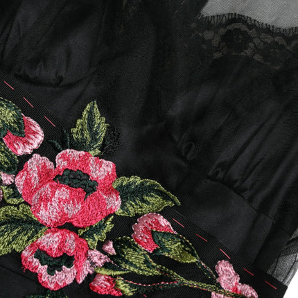 Dolce & Gabbana Black Floral Embroidery Mesh Tulle Gown Dress