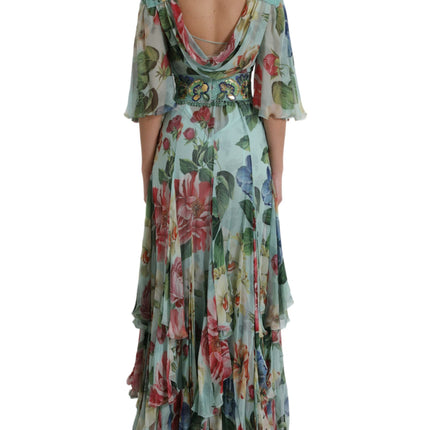 Dolce & Gabbana Blue Floral Print Tiered Long Maxi Dress