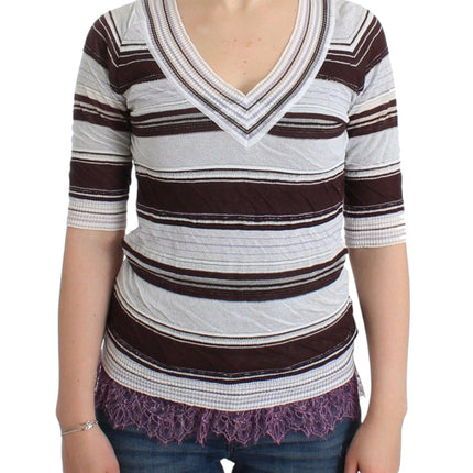 Ermanno Scervino Striped Lace V-Neck Short Sleeve Top Sweater