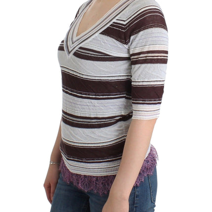 Ermanno Scervino Striped Lace V-Neck Short Sleeve Top Sweater