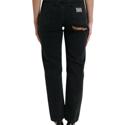Dolce & Gabbana Black Cotton High Waist Tattered Denim Jeans