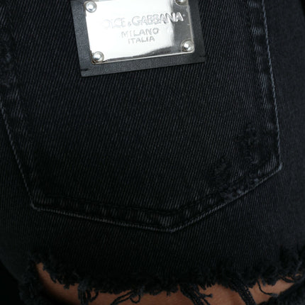 Dolce & Gabbana Black Cotton High Waist Tattered Denim Jeans