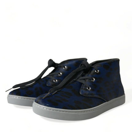Dolce & Gabbana Blue Calfskin Leopard Mid Top Sneakers Shoes