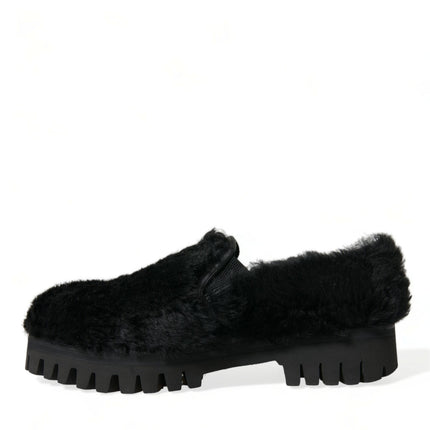 Dolce & Gabbana Black Fur Leather Slippers Dress Shoes